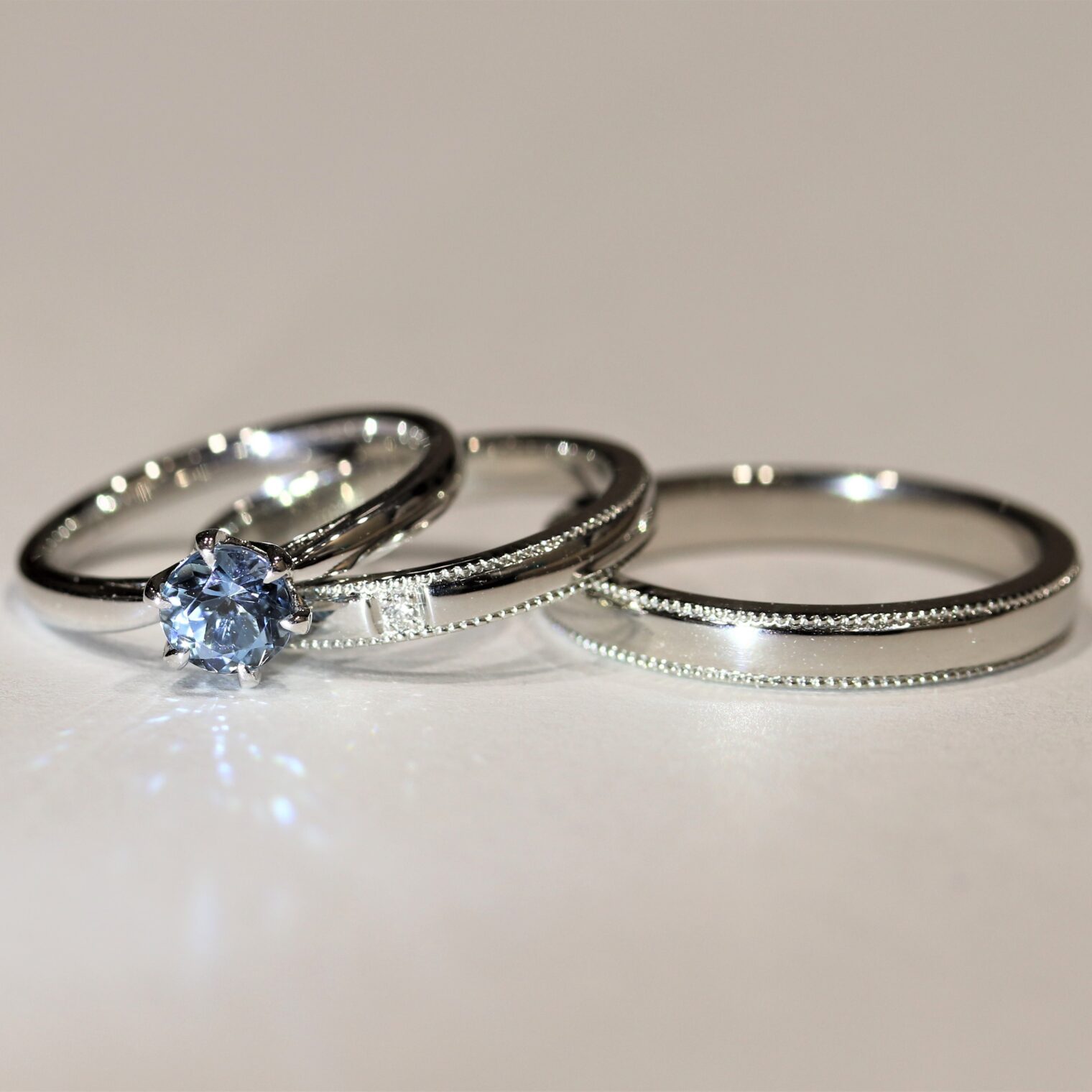 広島市西区小田様アクアマリン婚約指輪と結婚指輪セットリング
